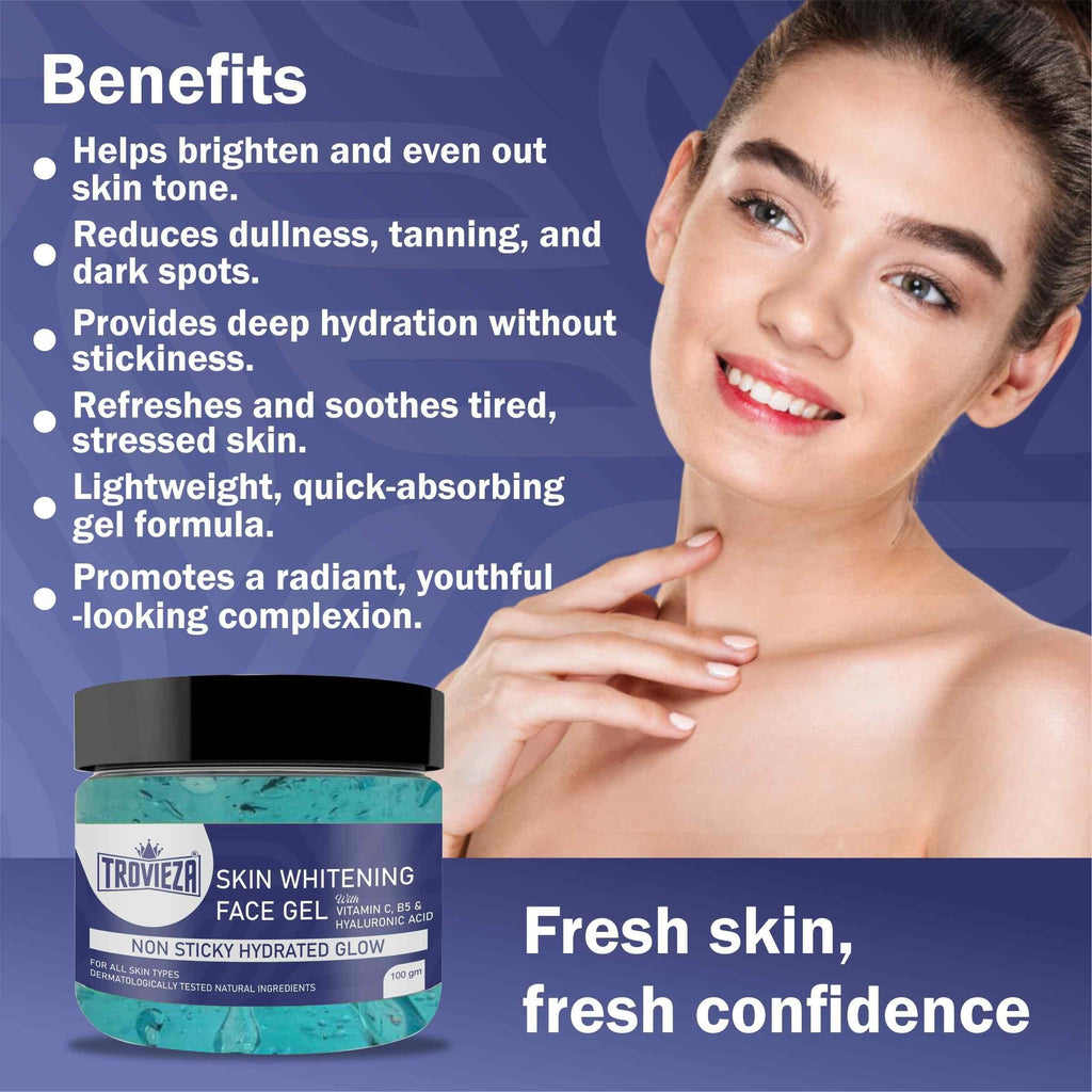 Trovieza Skin Brightening Face Gel with Vitamin C, B5 & Hyaluronic Acid – Hydrating & Non-Sticky (100g)